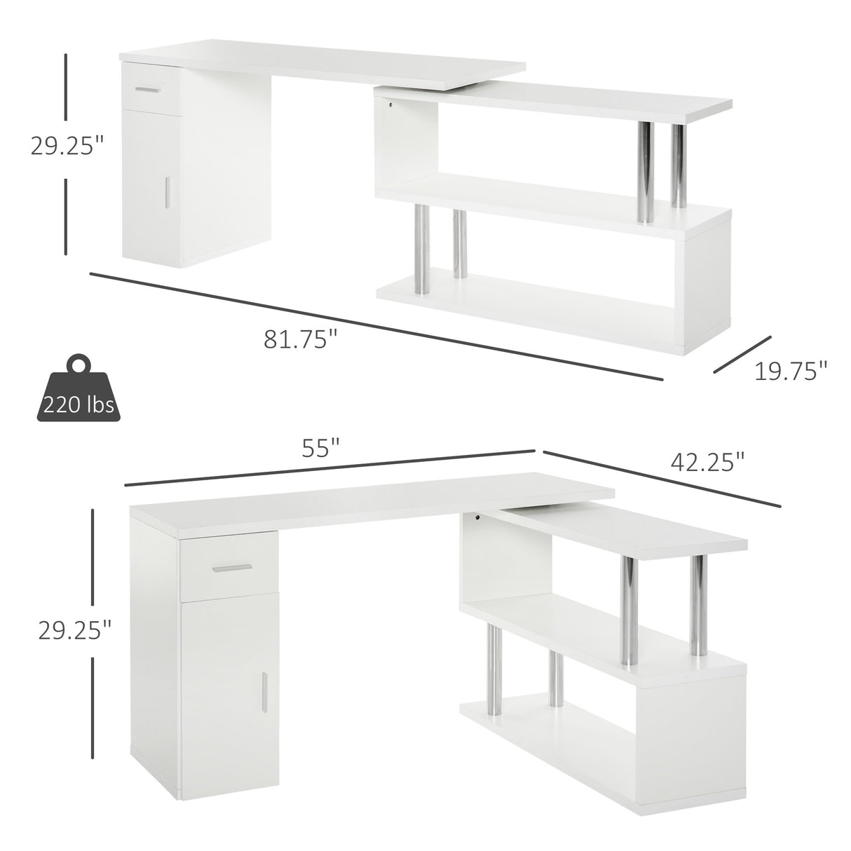HOMCOM L-Shaped Rotating Computer Desk Home Office Study Workstation with Storage Shelves, Cabinet and Drawer for Home & Office