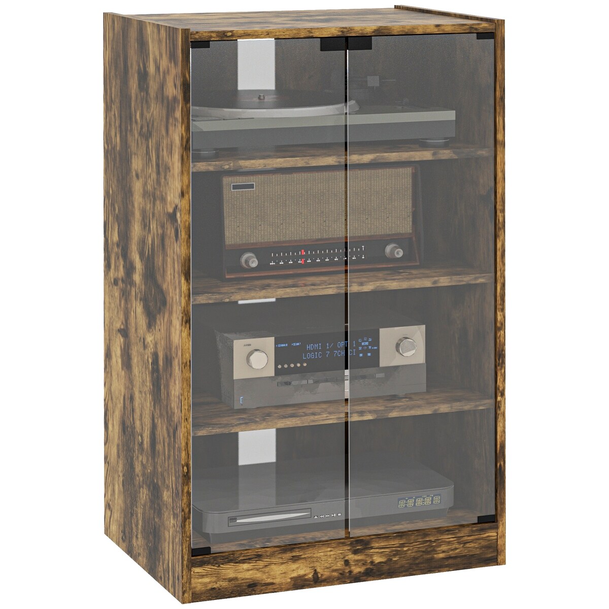 HOMCOM Media Cabinet, 4-Tier Stereo Cabinet, Modern Audio Video Media Stand with Adjustable Shelves, Tempered Glass Doors
