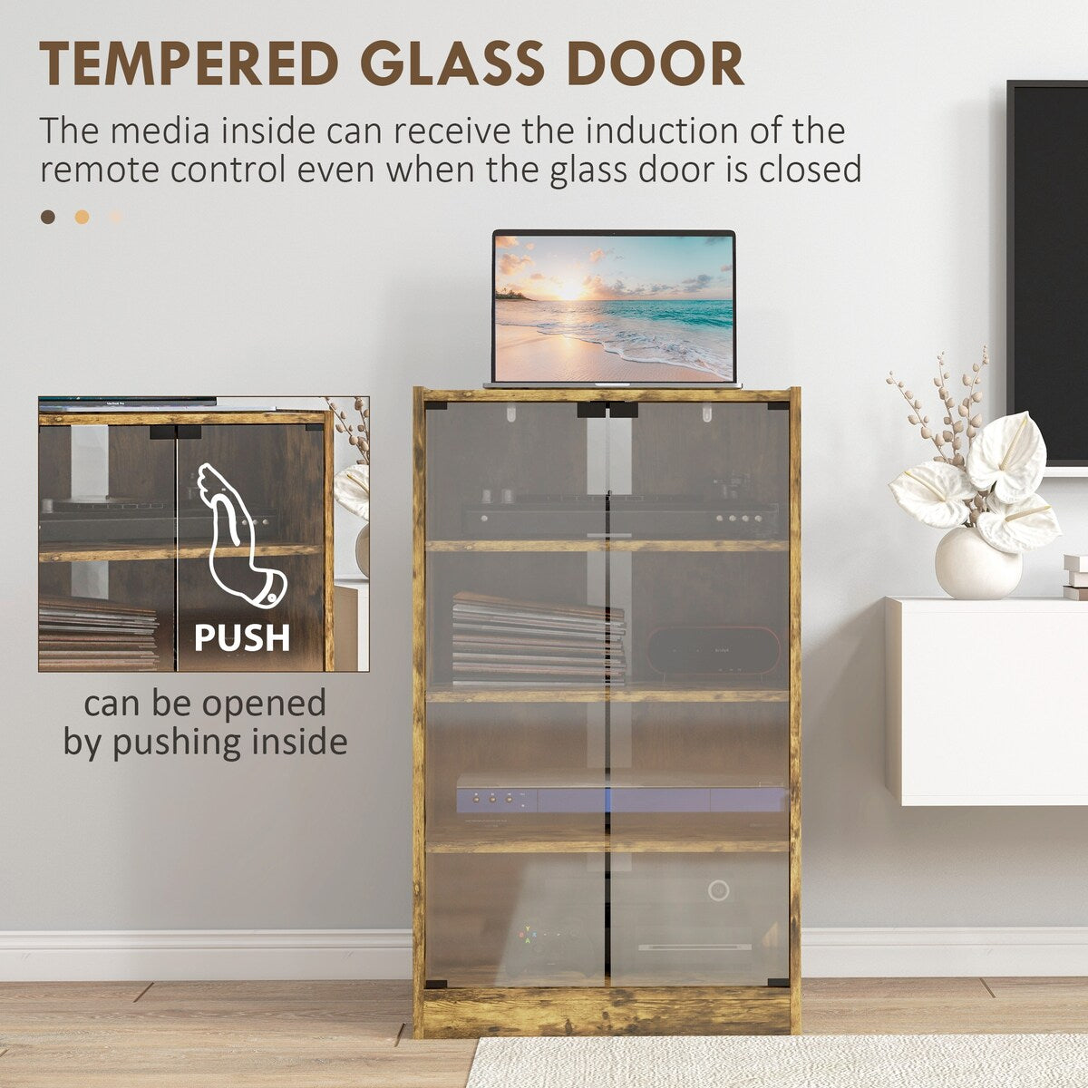 HOMCOM Media Cabinet, 4-Tier Stereo Cabinet, Modern Audio Video Media Stand with Adjustable Shelves, Tempered Glass Doors
