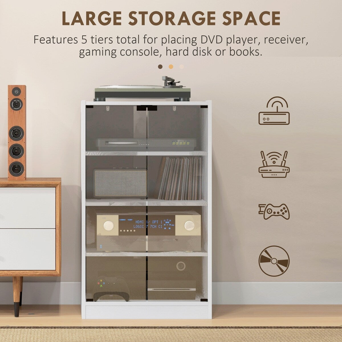HOMCOM Media Cabinet, 4-Tier Stereo Cabinet, Modern Audio Video Media Stand with Adjustable Shelves, Tempered Glass Doors