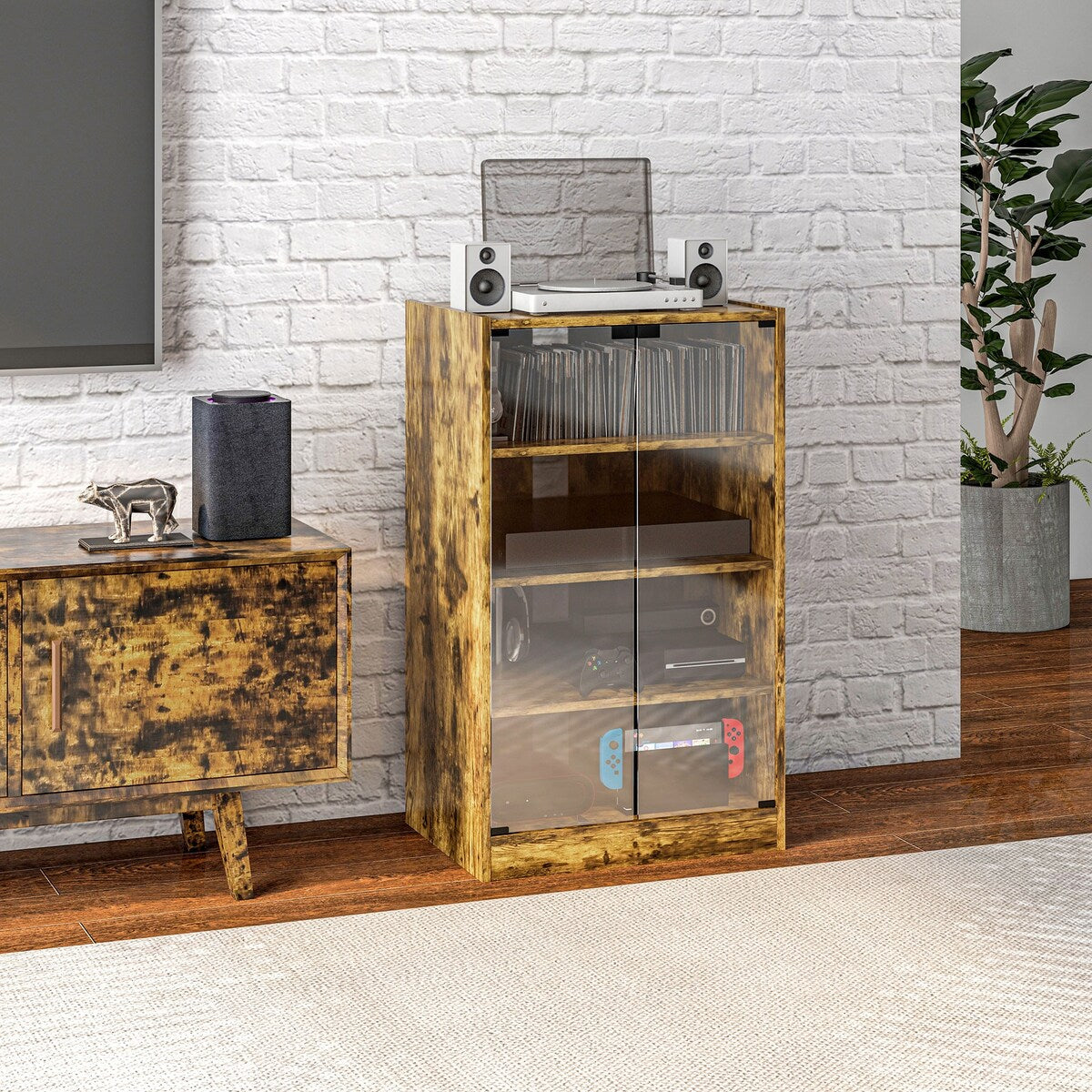 HOMCOM Media Cabinet, 4-Tier Stereo Cabinet, Modern Audio Video Media Stand with Adjustable Shelves, Tempered Glass Doors