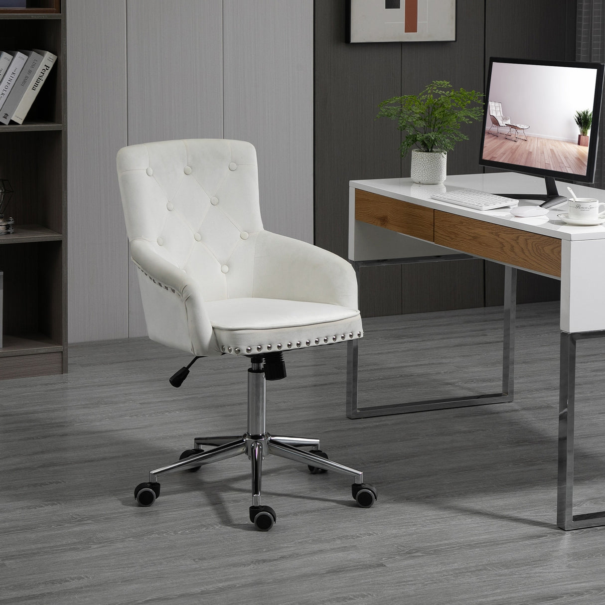 HOMCOM Mid-Back Desk Chair with Nailhead Trim, Button Tufted Back Design, Adjustable Height, Rocking Function and Wheels