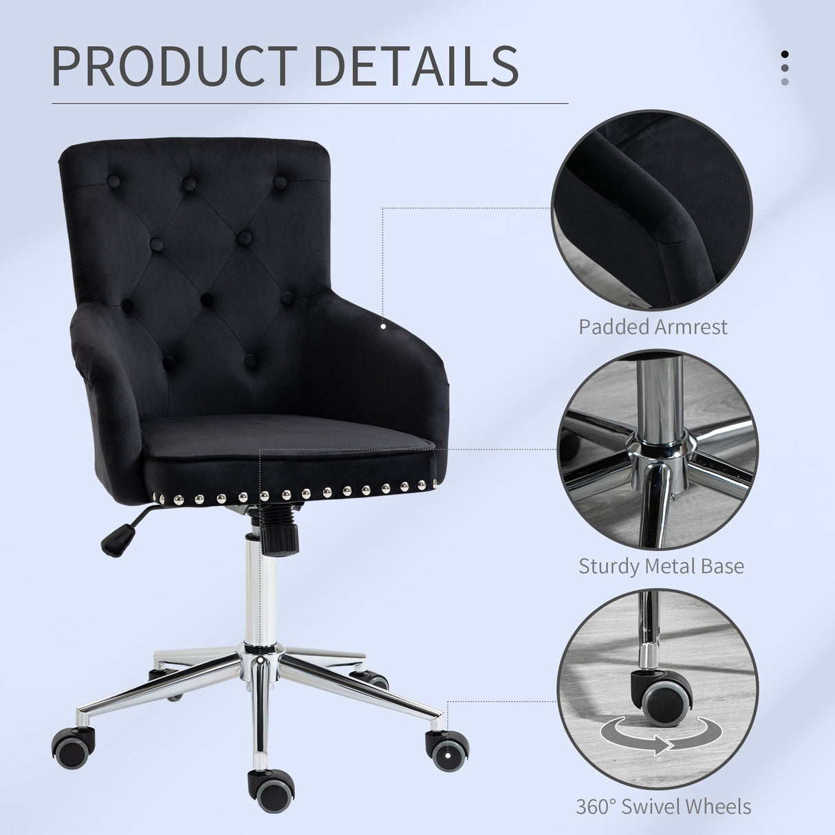 HOMCOM Mid-Back Desk Chair with Nailhead Trim, Button Tufted Back Design, Adjustable Height, Rocking Function and Wheels