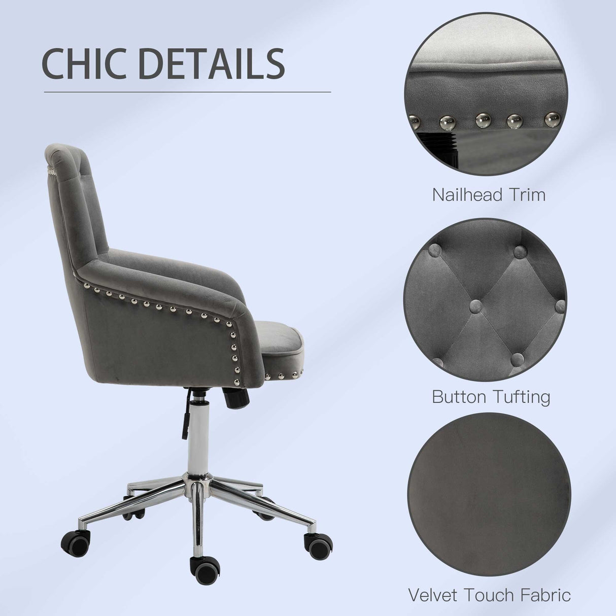 HOMCOM Mid-Back Desk Chair with Nailhead Trim, Button Tufted Back Design, Adjustable Height, Rocking Function and Wheels