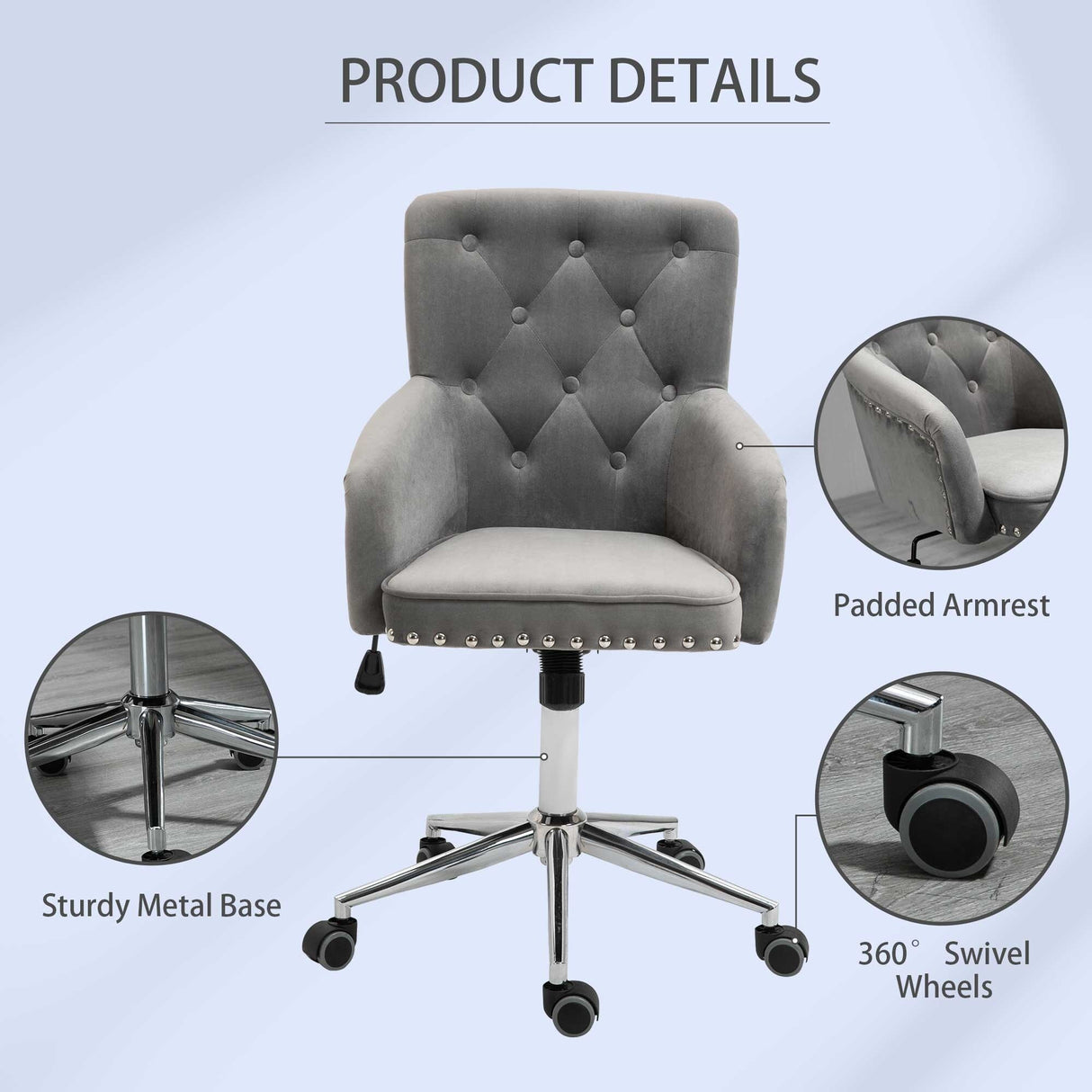 HOMCOM Mid-Back Desk Chair with Nailhead Trim, Button Tufted Back Design, Adjustable Height, Rocking Function and Wheels