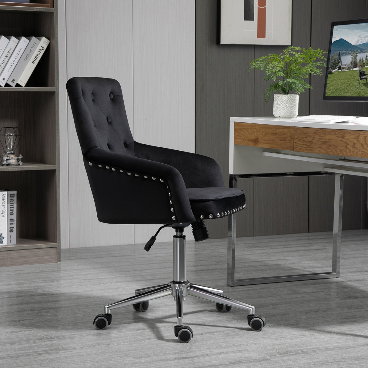 HOMCOM Mid-Back Desk Chair with Nailhead Trim, Button Tufted Back Design, Adjustable Height, Rocking Function and Wheels