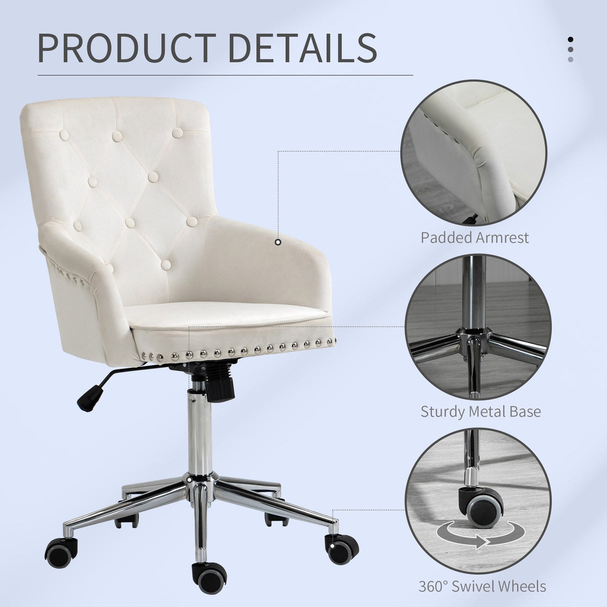 HOMCOM Mid-Back Desk Chair with Nailhead Trim, Button Tufted Back Design, Adjustable Height, Rocking Function and Wheels