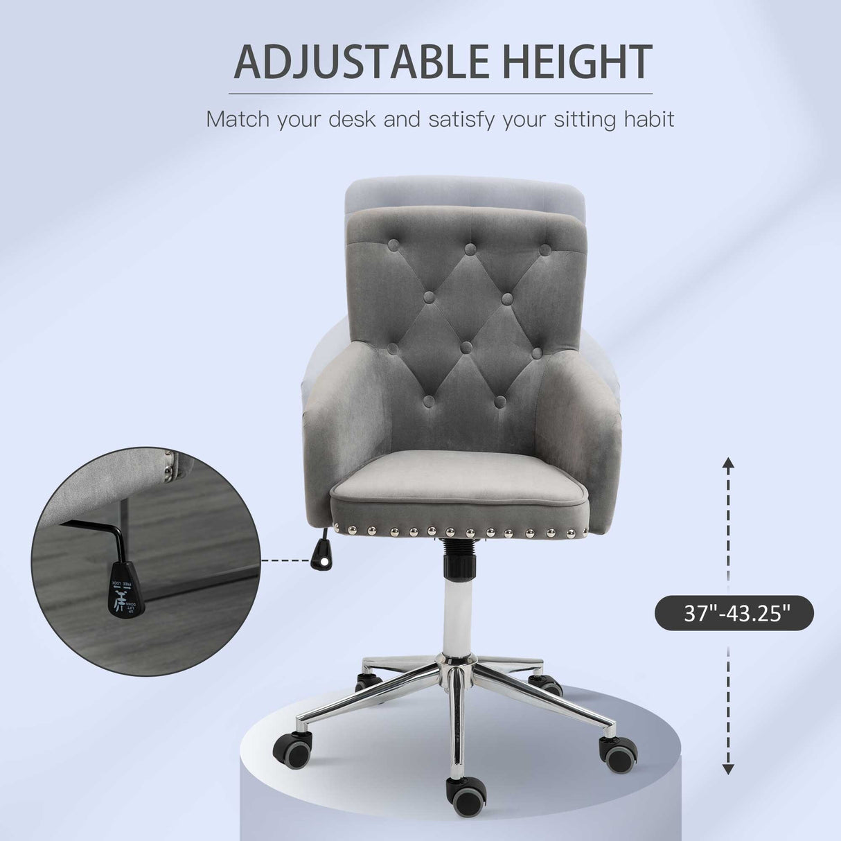 HOMCOM Mid-Back Desk Chair with Nailhead Trim, Button Tufted Back Design, Adjustable Height, Rocking Function and Wheels