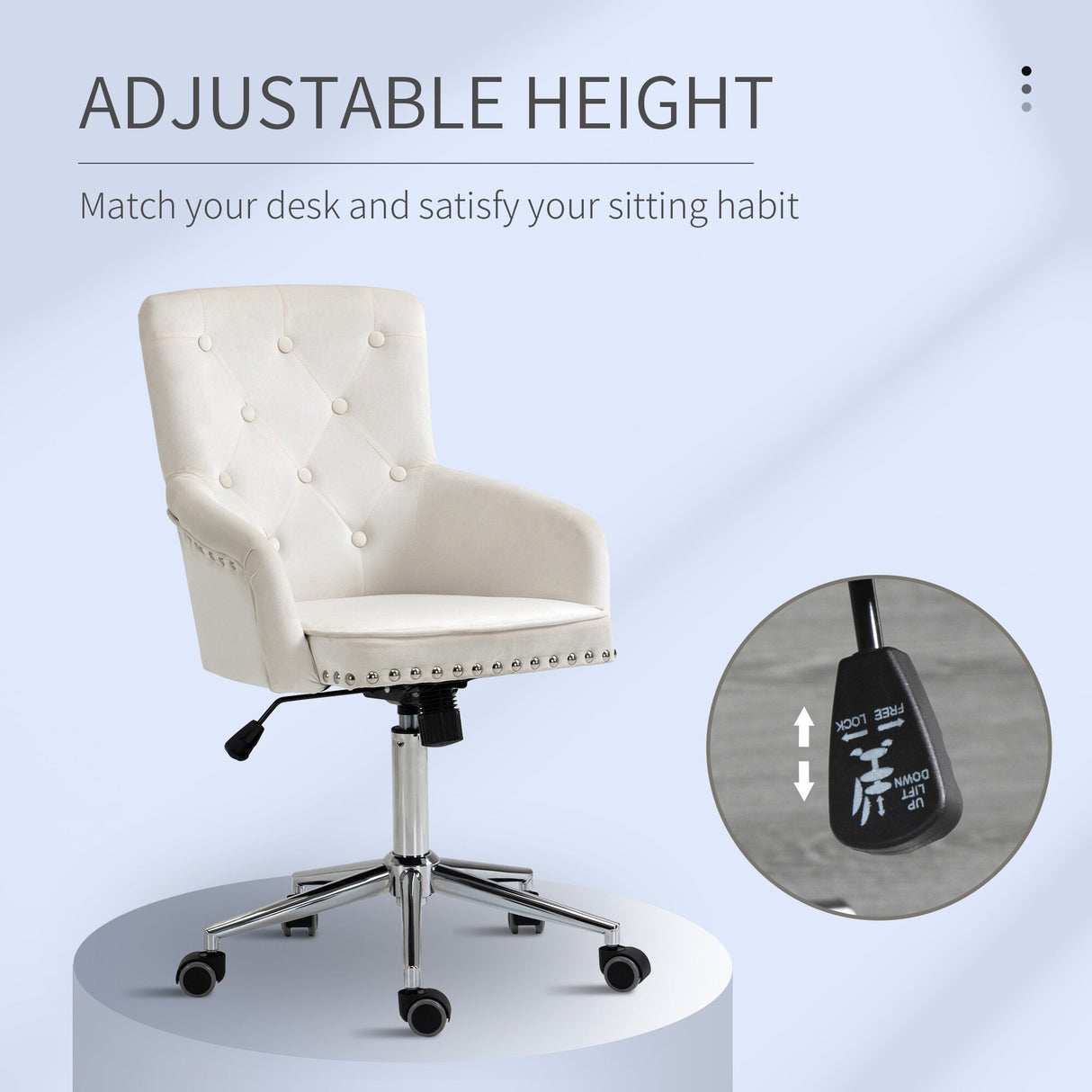 HOMCOM Mid-Back Desk Chair with Nailhead Trim, Button Tufted Back Design, Adjustable Height, Rocking Function and Wheels