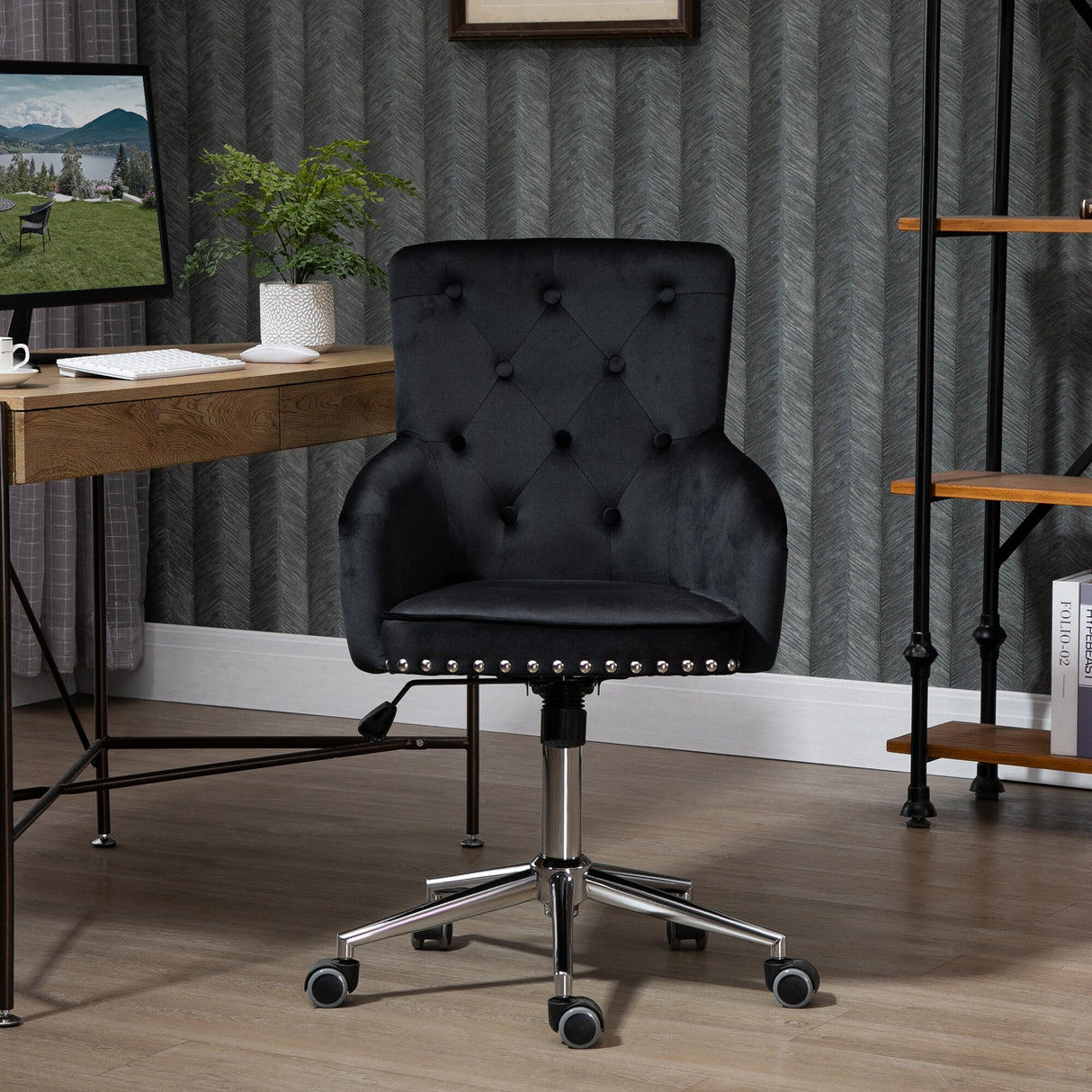 HOMCOM Mid-Back Desk Chair with Nailhead Trim, Button Tufted Back Design, Adjustable Height, Rocking Function and Wheels