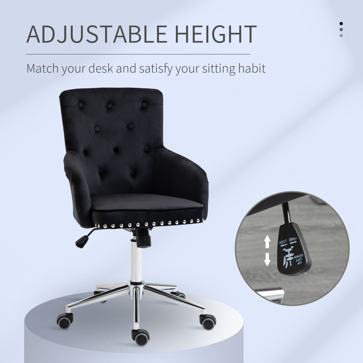 HOMCOM Mid-Back Desk Chair with Nailhead Trim, Button Tufted Back Design, Adjustable Height, Rocking Function and Wheels