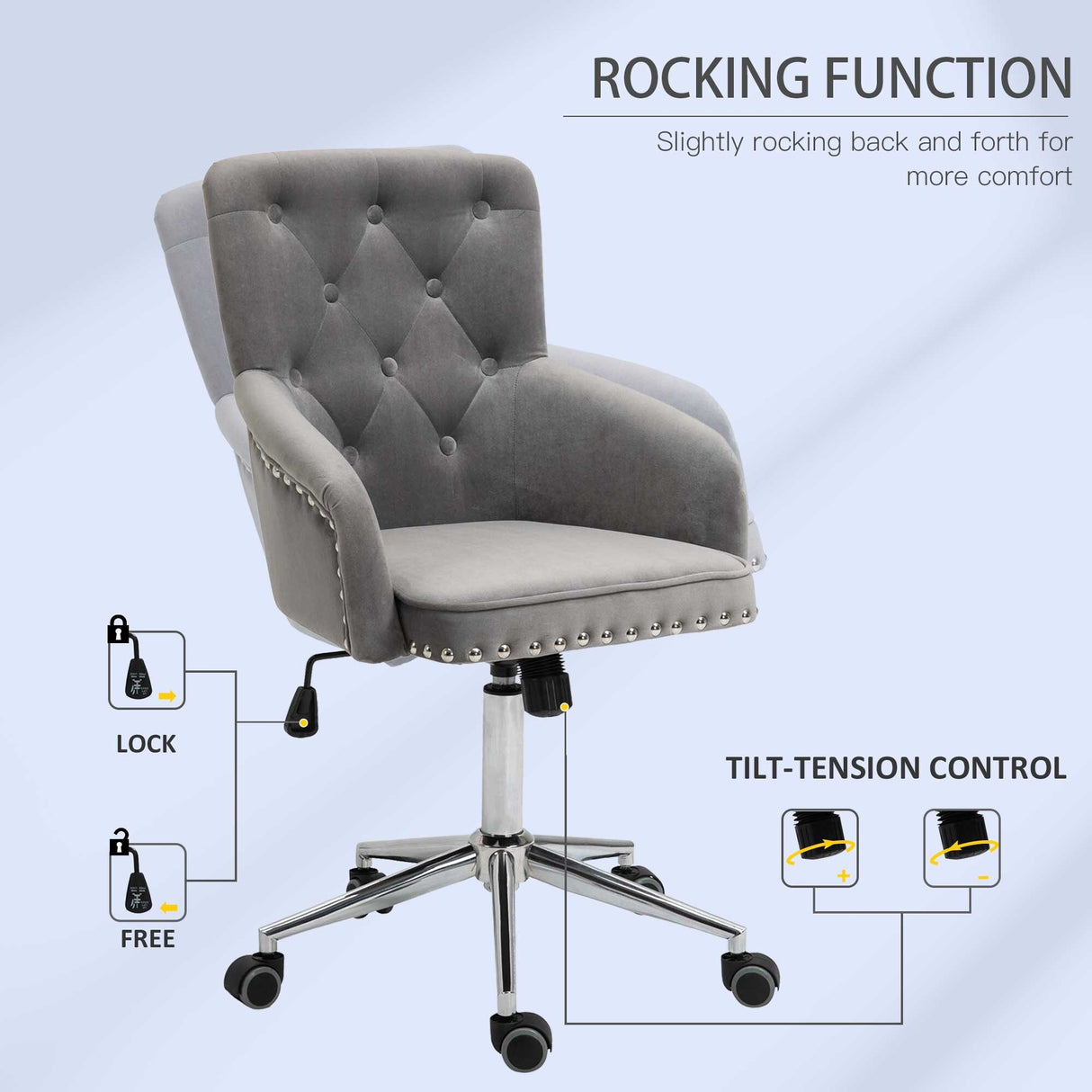 HOMCOM Mid-Back Desk Chair with Nailhead Trim, Button Tufted Back Design, Adjustable Height, Rocking Function and Wheels
