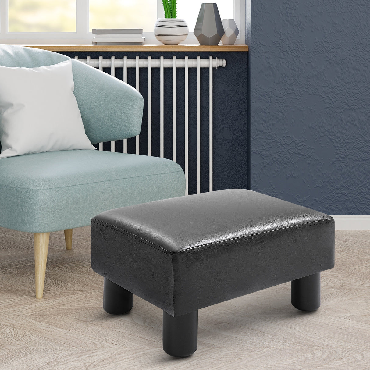 HOMCOM Modern Faux Leather Upholstered Rectangular Ottoman Footrest with Padded Foam Seat and Plastic Legs
