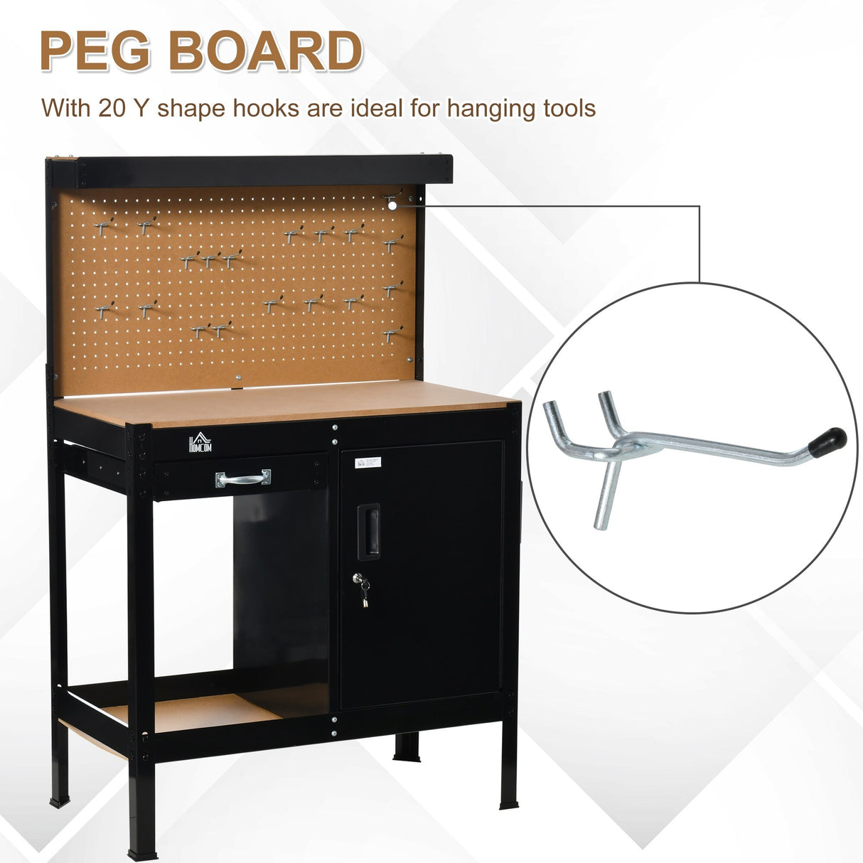 HOMCOM Multipurpose Workbench Workshop Tools Table with Drawer and Peg Board Storage Cabinet with Keys - 38.75"W x 19"D x 55"H