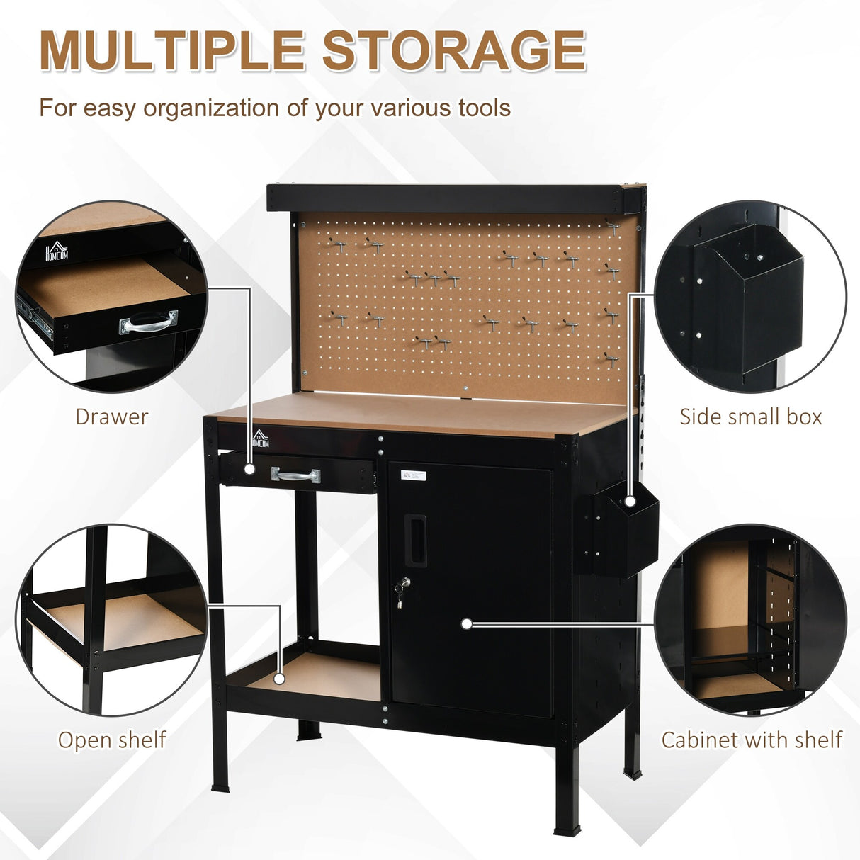 HOMCOM Multipurpose Workbench Workshop Tools Table with Drawer and Peg Board Storage Cabinet with Keys - 38.75"W x 19"D x 55"H
