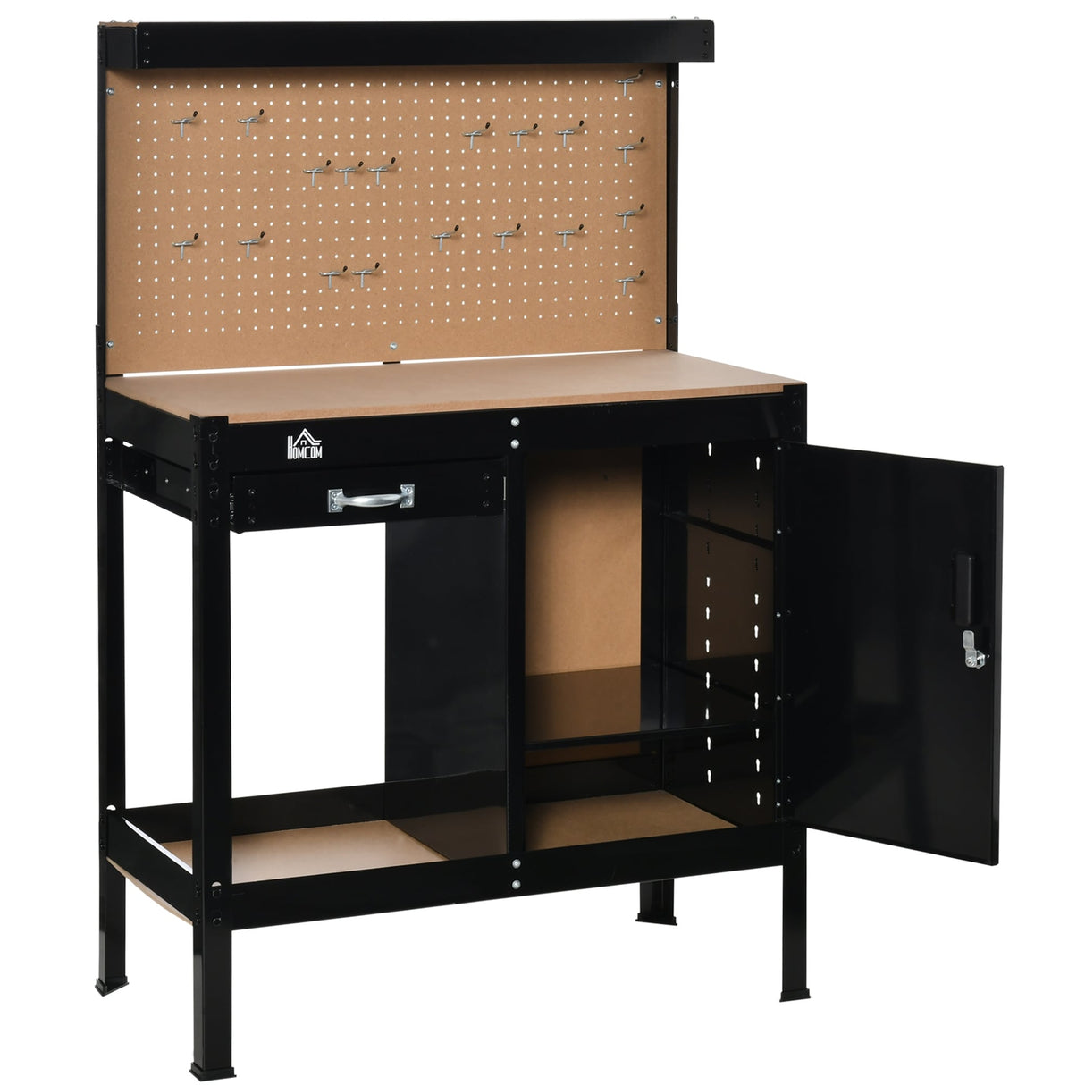 HOMCOM Multipurpose Workbench Workshop Tools Table with Drawer and Peg Board Storage Cabinet with Keys - 38.75"W x 19"D x 55"H