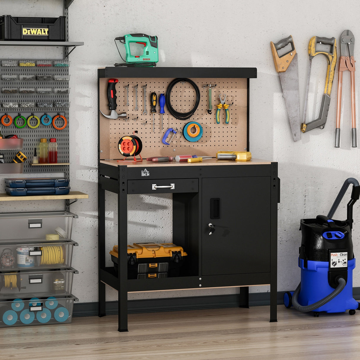 HOMCOM Multipurpose Workbench Workshop Tools Table with Drawer and Peg Board Storage Cabinet with Keys - 38.75"W x 19"D x 55"H