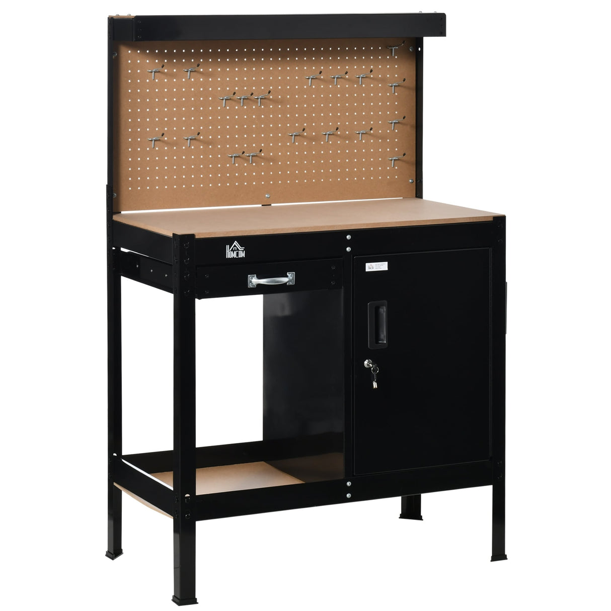 HOMCOM Multipurpose Workbench Workshop Tools Table with Drawer and Peg Board Storage Cabinet with Keys - 38.75"W x 19"D x 55"H
