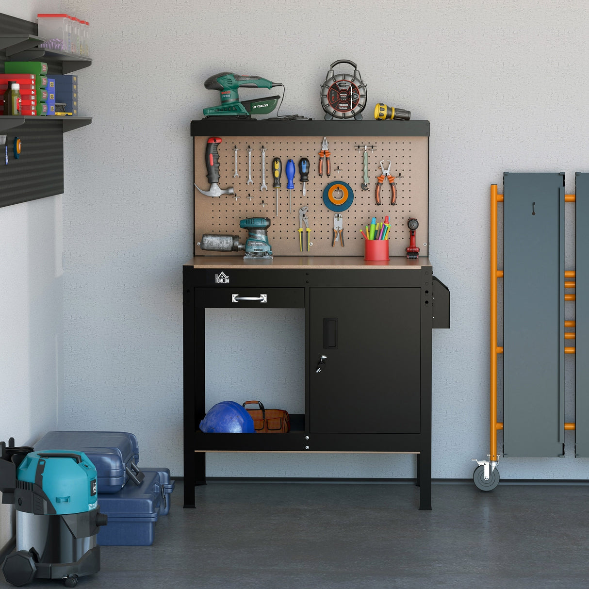 HOMCOM Multipurpose Workbench Workshop Tools Table with Drawer and Peg Board Storage Cabinet with Keys - 38.75"W x 19"D x 55"H