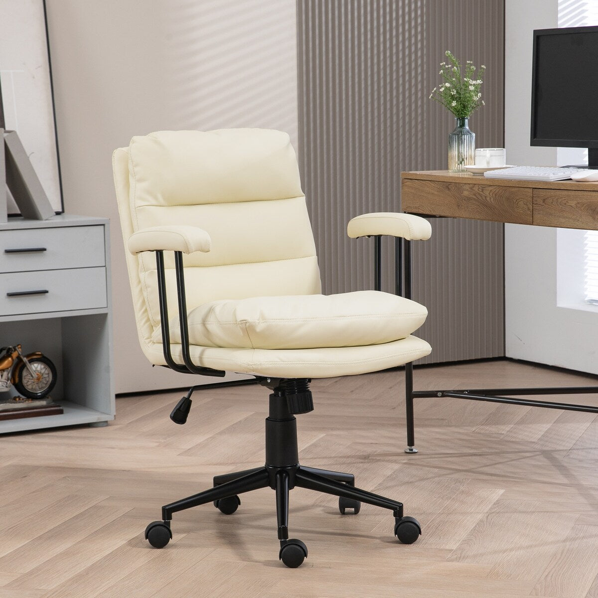 HOMCOM PU Leather Office Chair, Office Desk Chair, Task Computer Chair with Swivel Wheels, Adjustable Height, Double-tier Padded