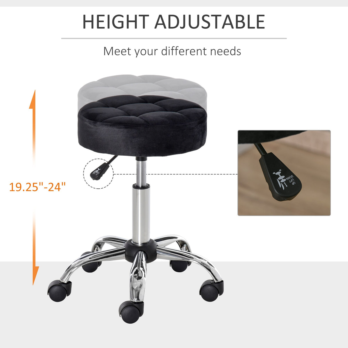 HOMCOM Round Vanity Stool with Height Adjustable Lift, Luxury Style Upholstery and Swivel Seat and Wheels - 13.75"x13.75"x24"