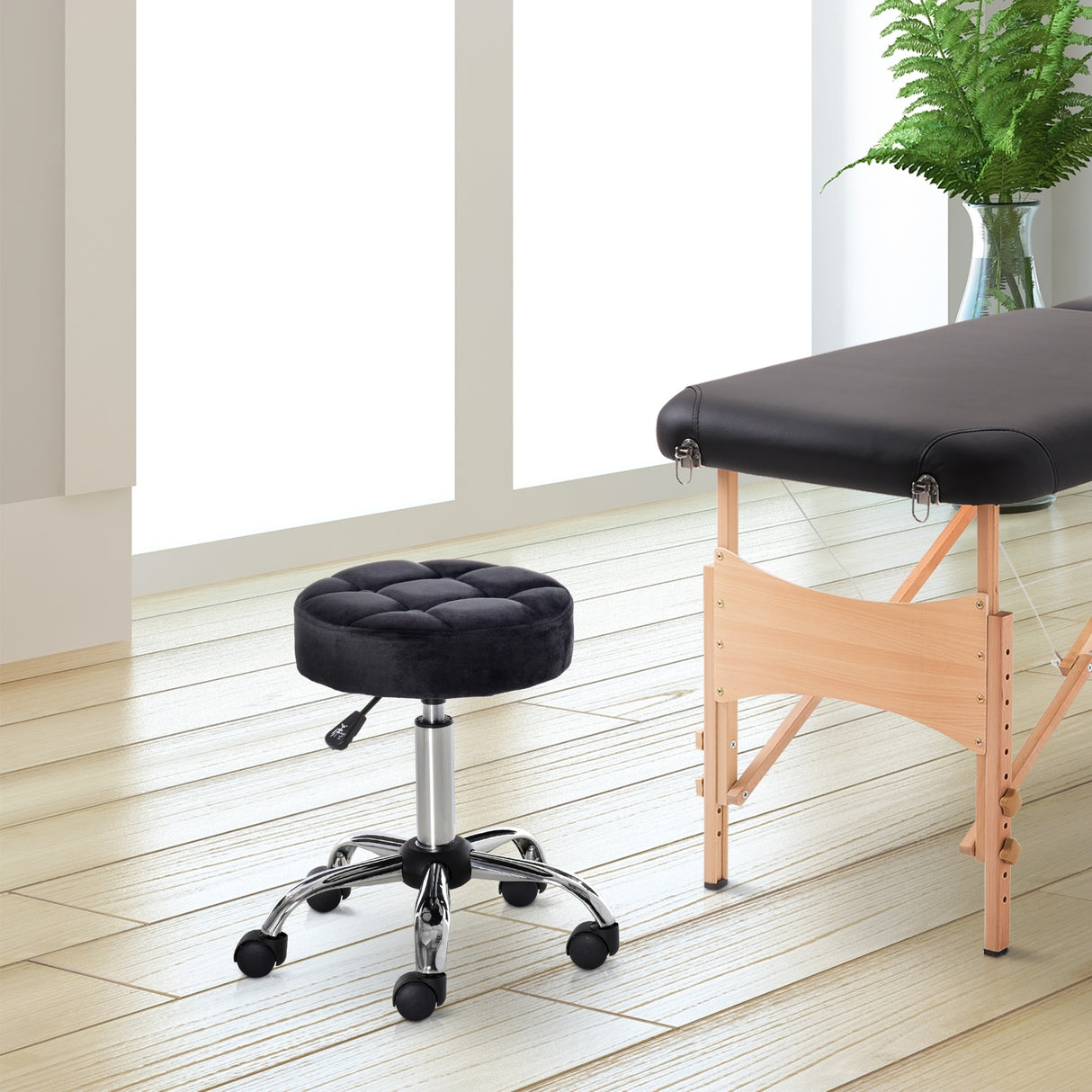 HOMCOM Round Vanity Stool with Height Adjustable Lift, Luxury Style Upholstery and Swivel Seat and Wheels - 13.75"x13.75"x24"