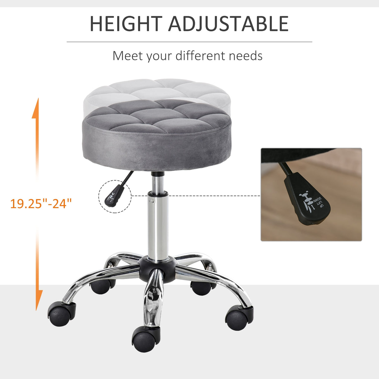 HOMCOM Round Vanity Stool with Height Adjustable Lift, Luxury Style Upholstery and Swivel Seat and Wheels - 13.75"x13.75"x24"