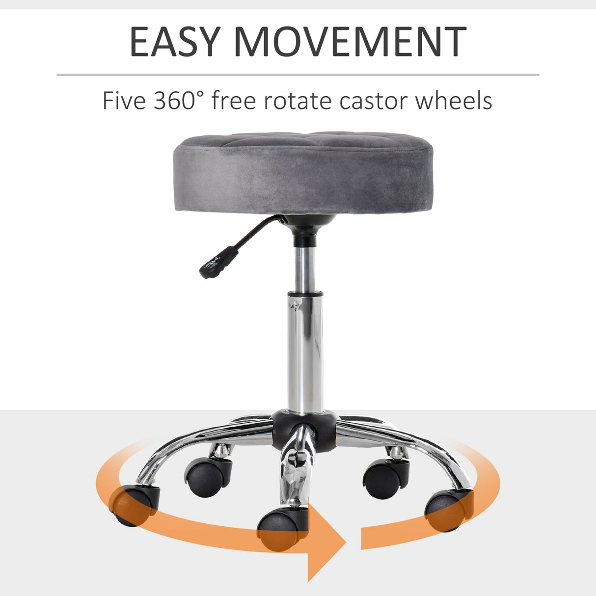 HOMCOM Round Vanity Stool with Height Adjustable Lift, Luxury Style Upholstery and Swivel Seat and Wheels - 13.75"x13.75"x24"