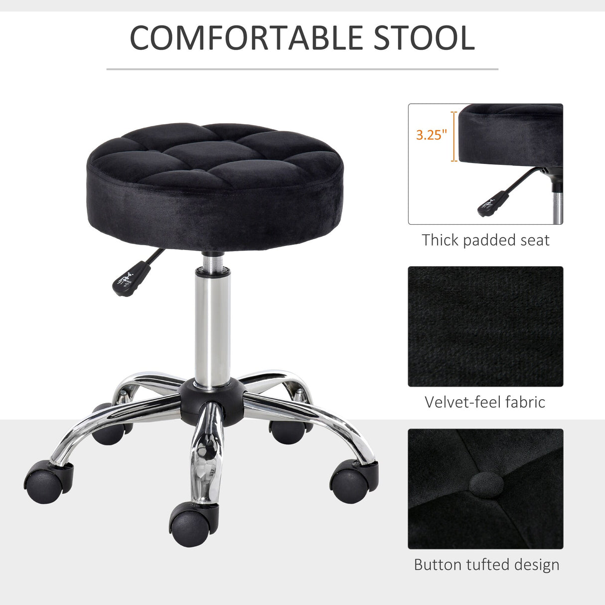 HOMCOM Round Vanity Stool with Height Adjustable Lift, Luxury Style Upholstery and Swivel Seat and Wheels - 13.75"x13.75"x24"