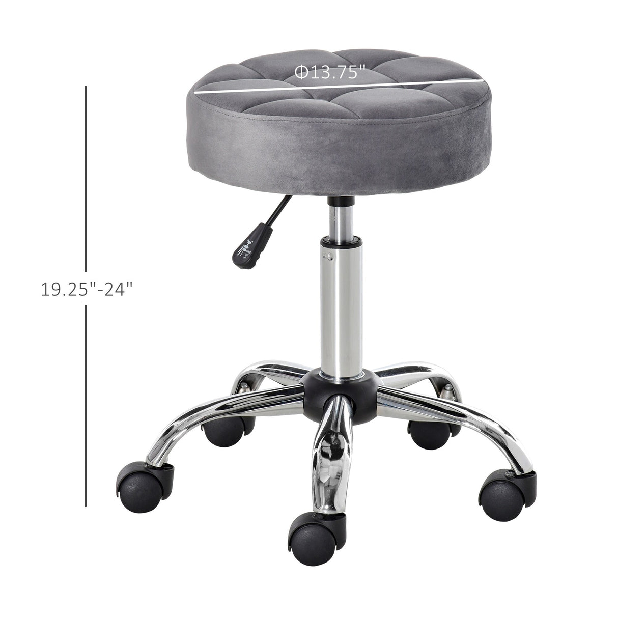HOMCOM Round Vanity Stool with Height Adjustable Lift, Luxury Style Upholstery and Swivel Seat and Wheels - 13.75"x13.75"x24"