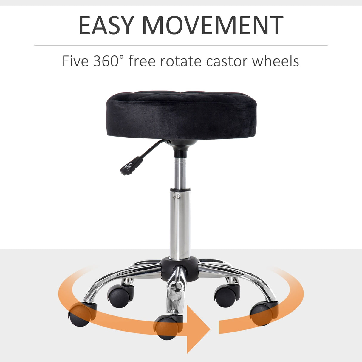 HOMCOM Round Vanity Stool with Height Adjustable Lift, Luxury Style Upholstery and Swivel Seat and Wheels - 13.75"x13.75"x24"