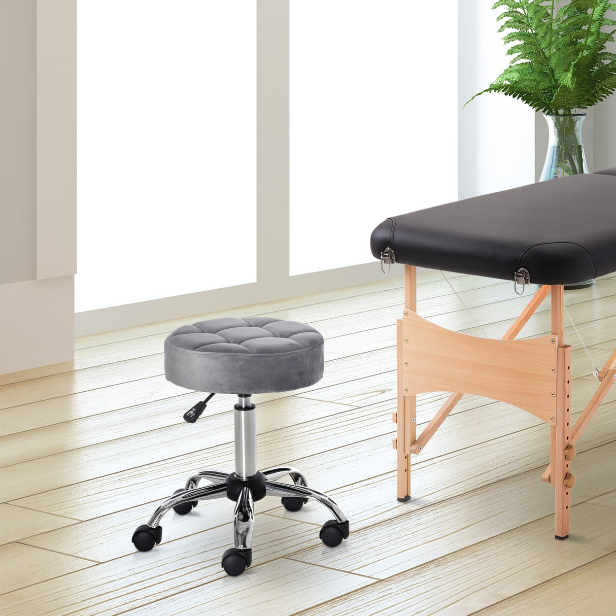 HOMCOM Round Vanity Stool with Height Adjustable Lift, Luxury Style Upholstery and Swivel Seat and Wheels - 13.75"x13.75"x24"