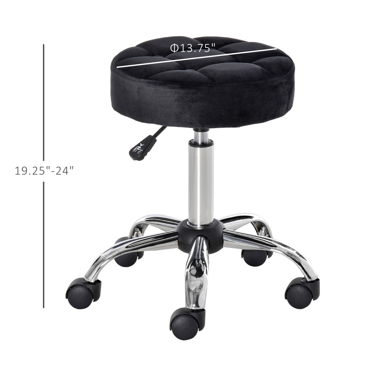 HOMCOM Round Vanity Stool with Height Adjustable Lift, Luxury Style Upholstery and Swivel Seat and Wheels - 13.75"x13.75"x24"
