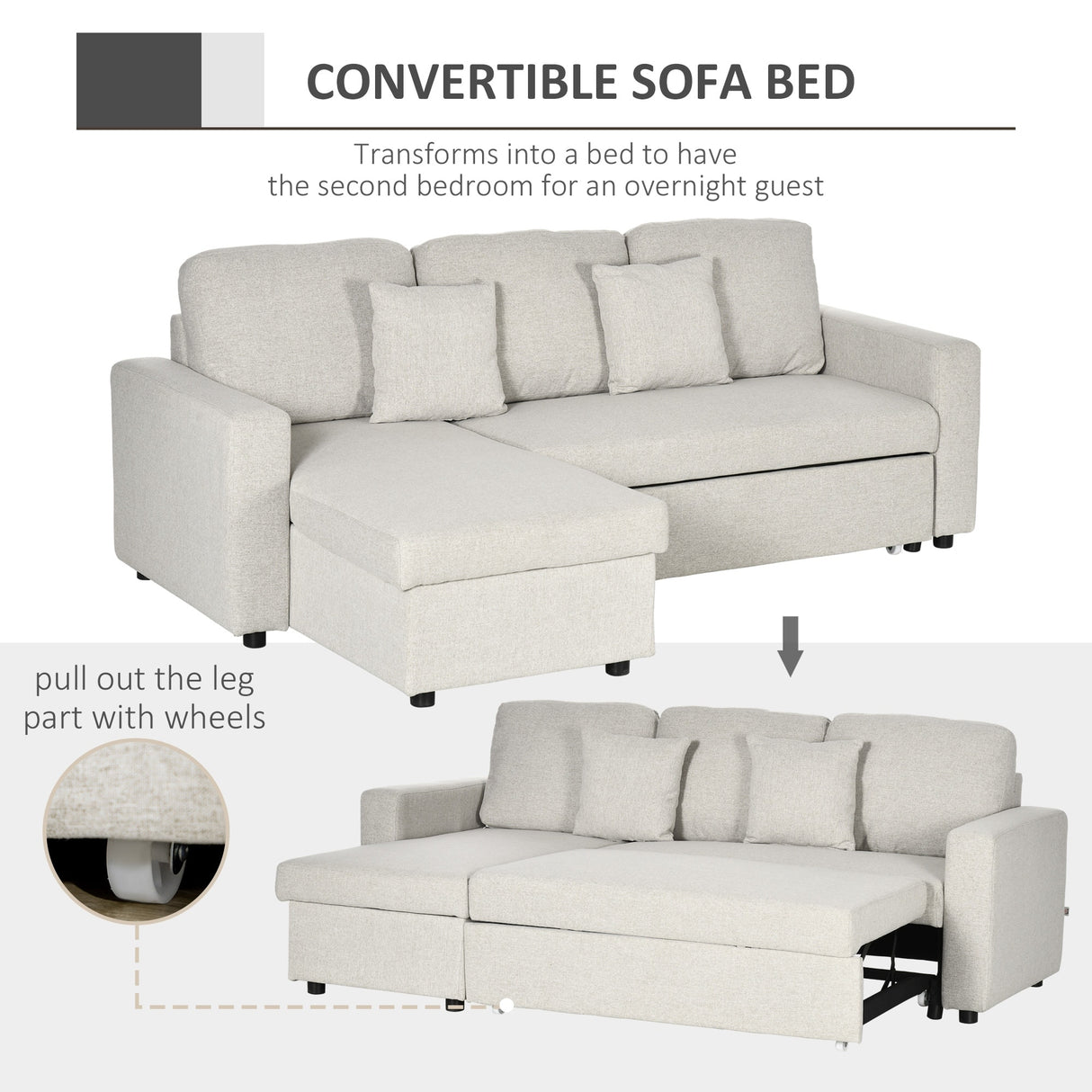 HOMCOM Sectional Sleeper Sofa, Linen Fabric L Shaped Couch with Pull out Bed, Reversible Storage Chaise, 3-seat, Dark Grey