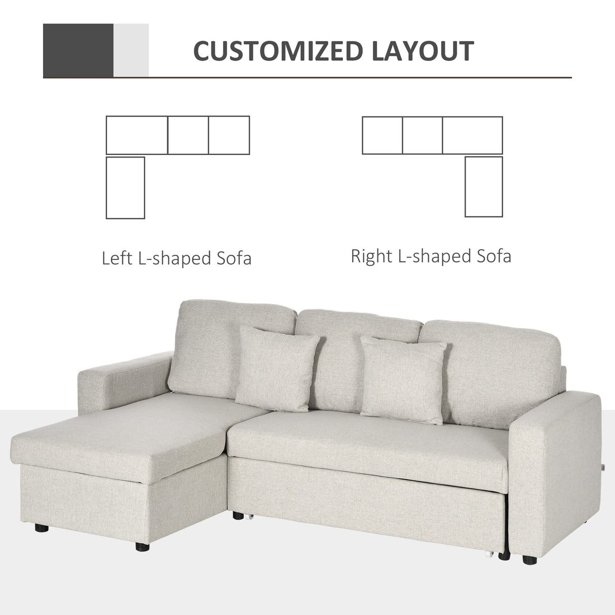 HOMCOM Sectional Sleeper Sofa, Linen Fabric L Shaped Couch with Pull out Bed, Reversible Storage Chaise, 3-seat, Dark Grey