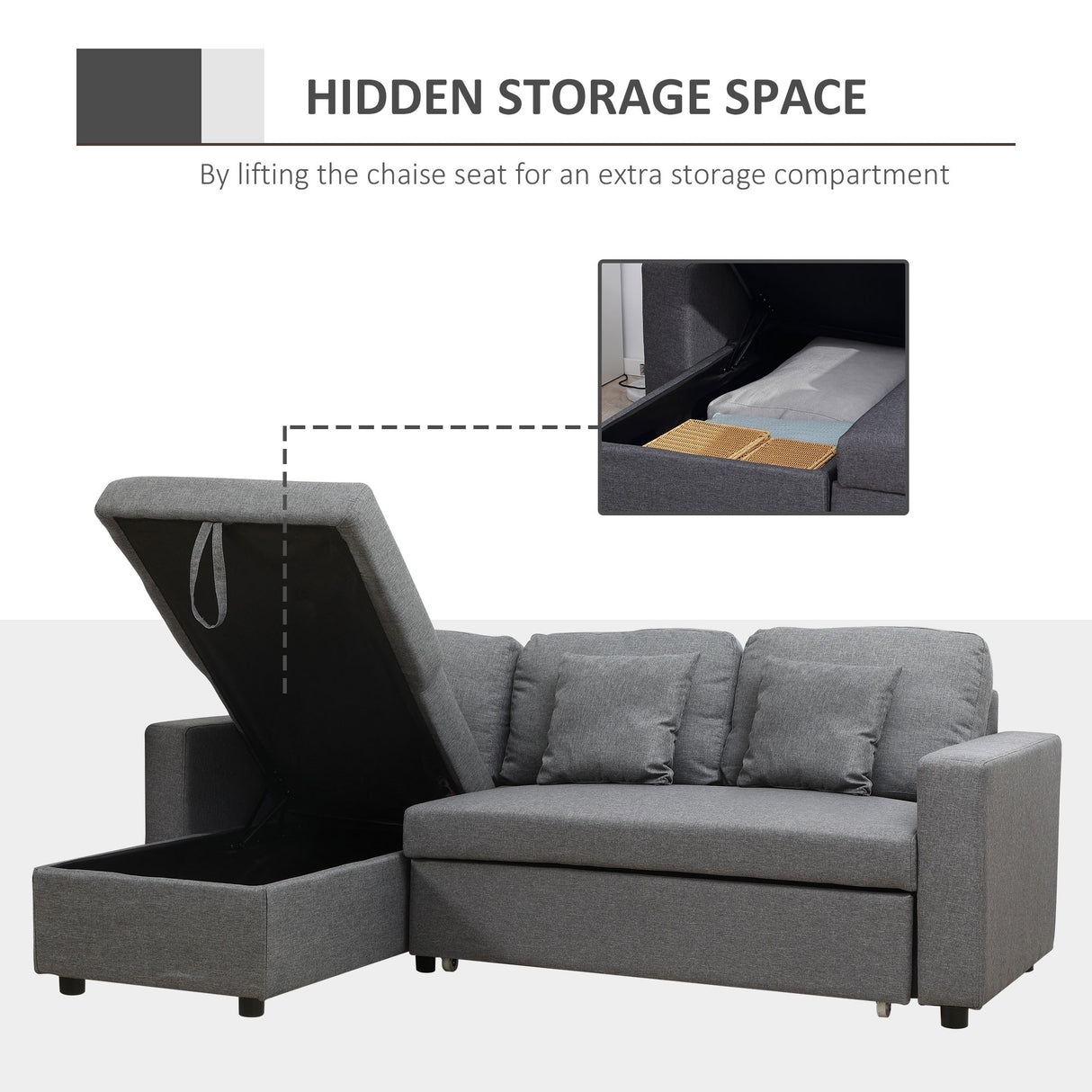 HOMCOM Sectional Sleeper Sofa, Linen Fabric L Shaped Couch with Pull out Bed, Reversible Storage Chaise, 3-seat, Dark Grey