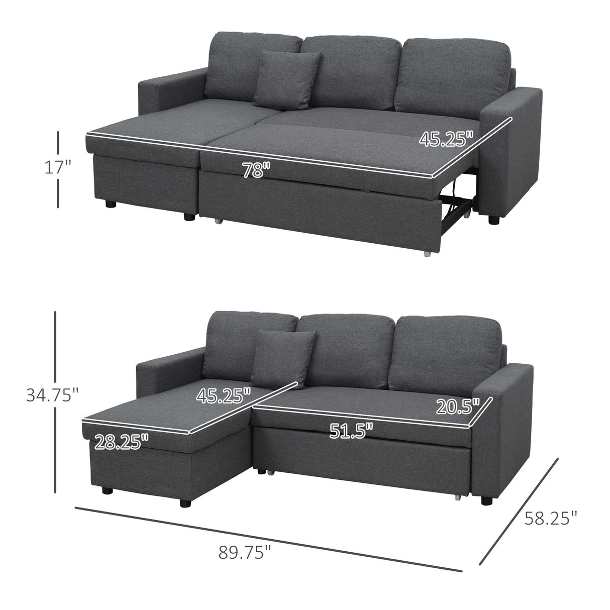 HOMCOM Sectional Sleeper Sofa, Linen Fabric L Shaped Couch with Pull out Bed, Reversible Storage Chaise, 3-seat, Dark Grey