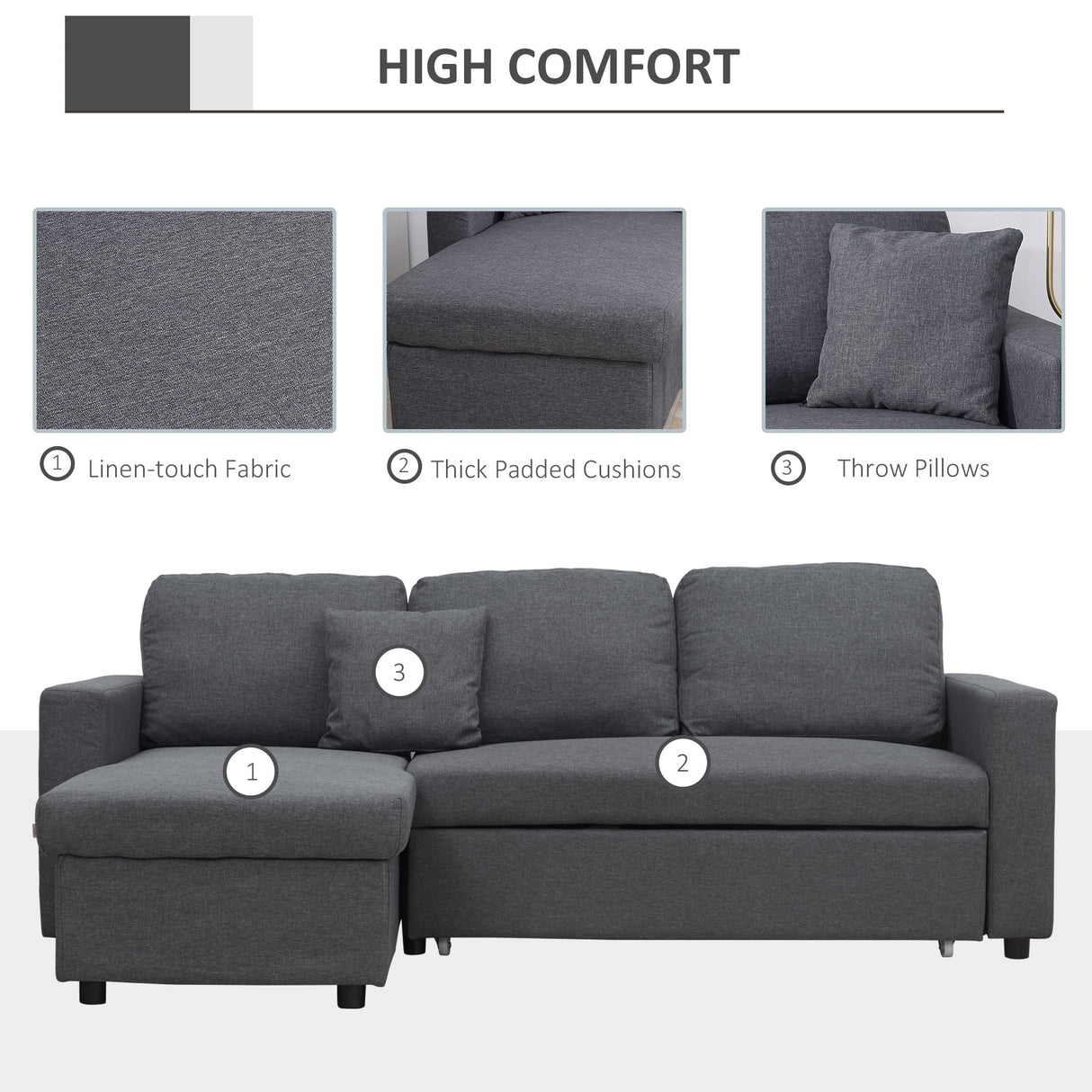 HOMCOM Sectional Sleeper Sofa, Linen Fabric L Shaped Couch with Pull out Bed, Reversible Storage Chaise, 3-seat, Dark Grey