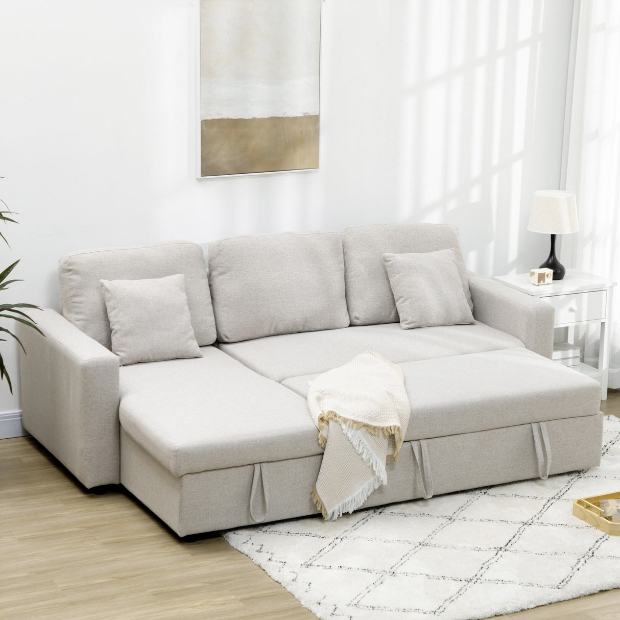 HOMCOM Sectional Sleeper Sofa, Linen Fabric L Shaped Couch with Pull out Bed, Reversible Storage Chaise, 3-seat, Dark Grey