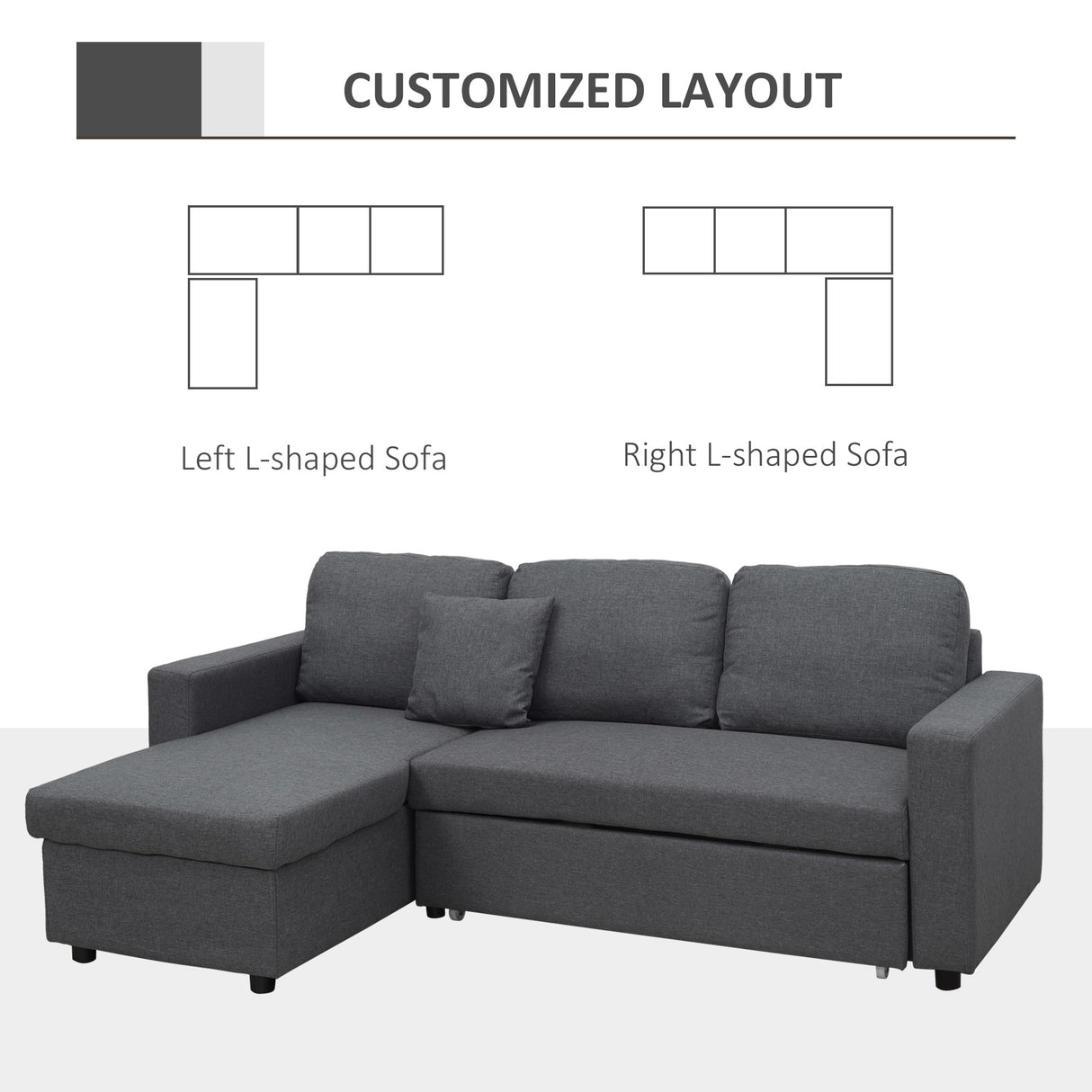 HOMCOM Sectional Sleeper Sofa, Linen Fabric L Shaped Couch with Pull out Bed, Reversible Storage Chaise, 3-seat, Dark Grey
