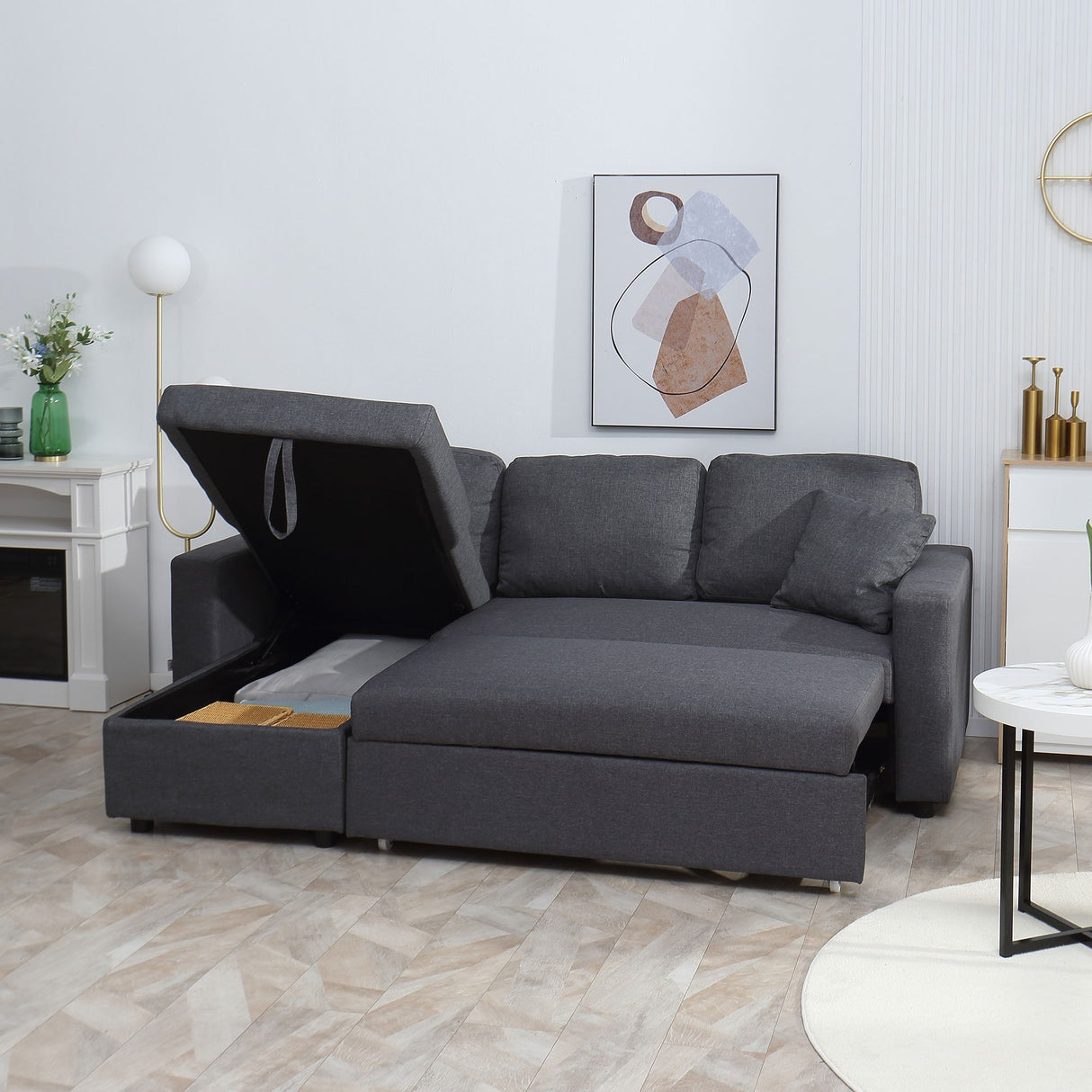 HOMCOM Sectional Sleeper Sofa, Linen Fabric L Shaped Couch with Pull out Bed, Reversible Storage Chaise, 3-seat, Dark Grey
