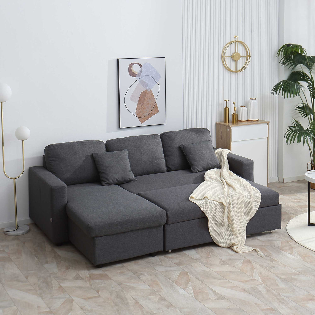 HOMCOM Sectional Sleeper Sofa, Linen Fabric L Shaped Couch with Pull out Bed, Reversible Storage Chaise, 3-seat, Dark Grey