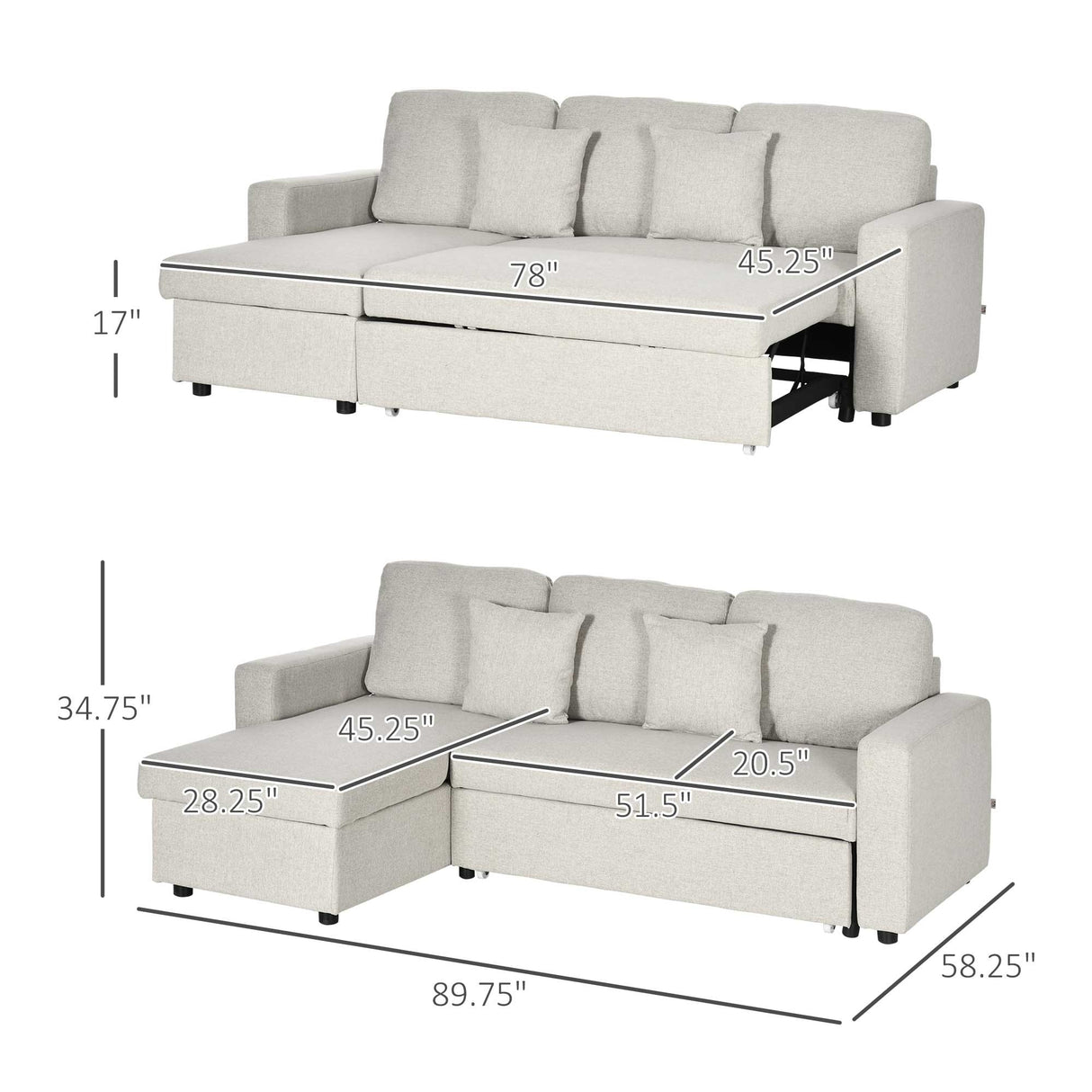 HOMCOM Sectional Sleeper Sofa, Linen Fabric L Shaped Couch with Pull out Bed, Reversible Storage Chaise, 3-seat, Dark Grey