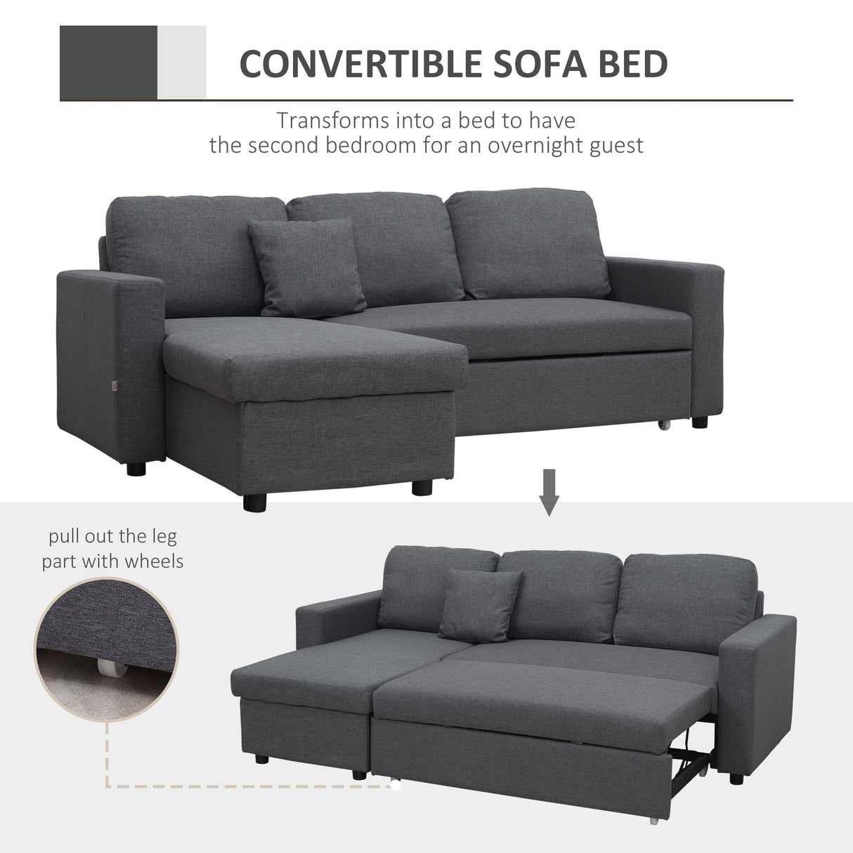HOMCOM Sectional Sleeper Sofa, Linen Fabric L Shaped Couch with Pull out Bed, Reversible Storage Chaise, 3-seat, Dark Grey