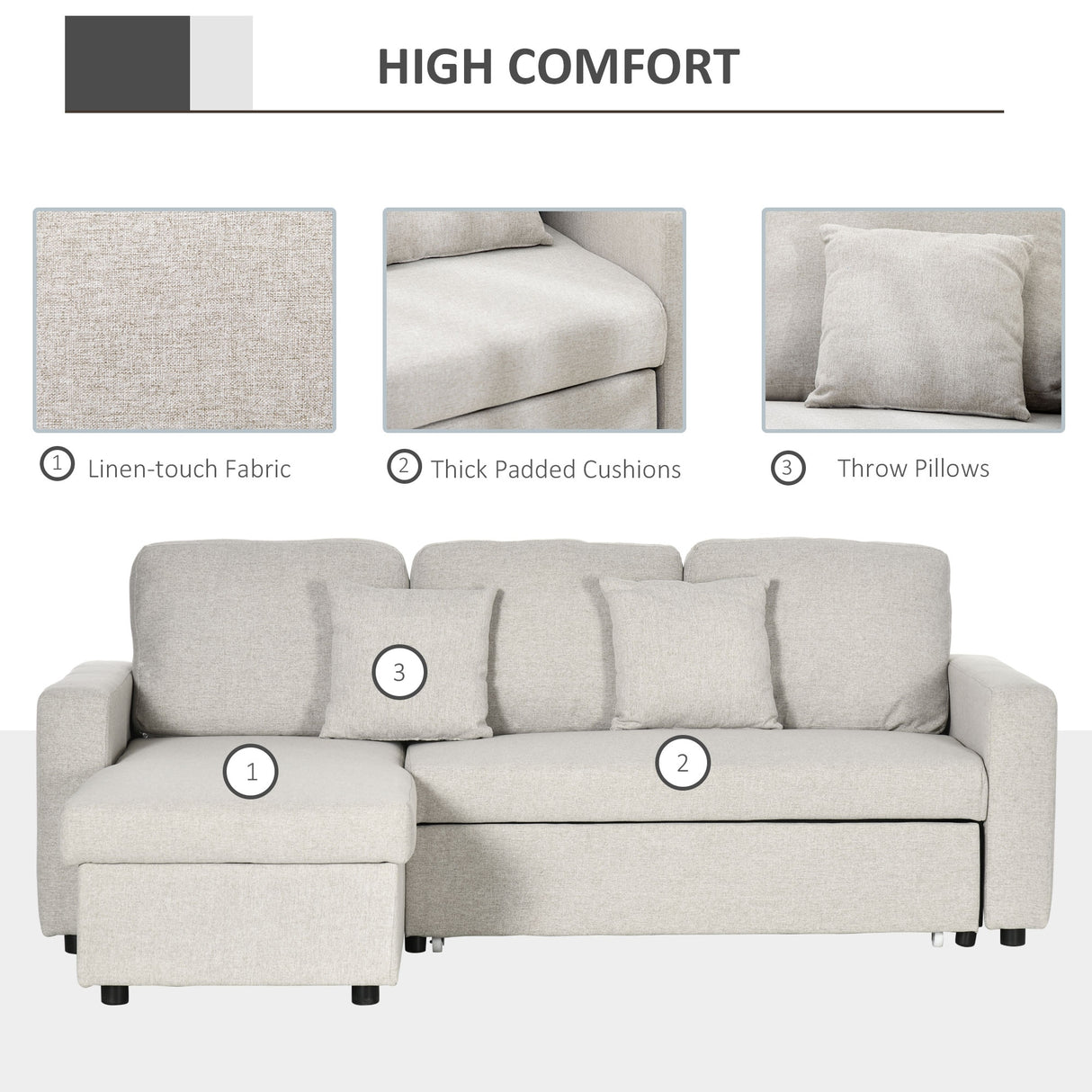 HOMCOM Sectional Sleeper Sofa, Linen Fabric L Shaped Couch with Pull out Bed, Reversible Storage Chaise, 3-seat, Dark Grey