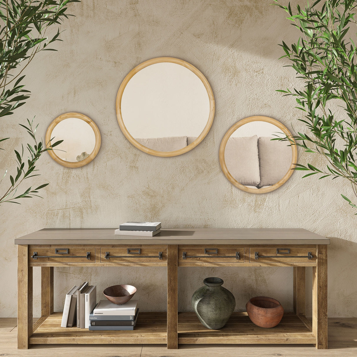 HOMCOM Set of 3 Wood Wall Mirror, Home Modern Round Mirror for Wall in Living Room, Bedroom