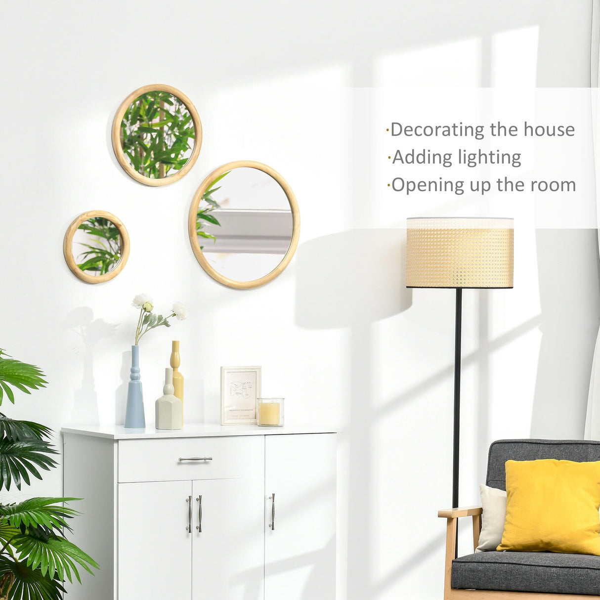 HOMCOM Set of 3 Wood Wall Mirror, Home Modern Round Mirror for Wall in Living Room, Bedroom