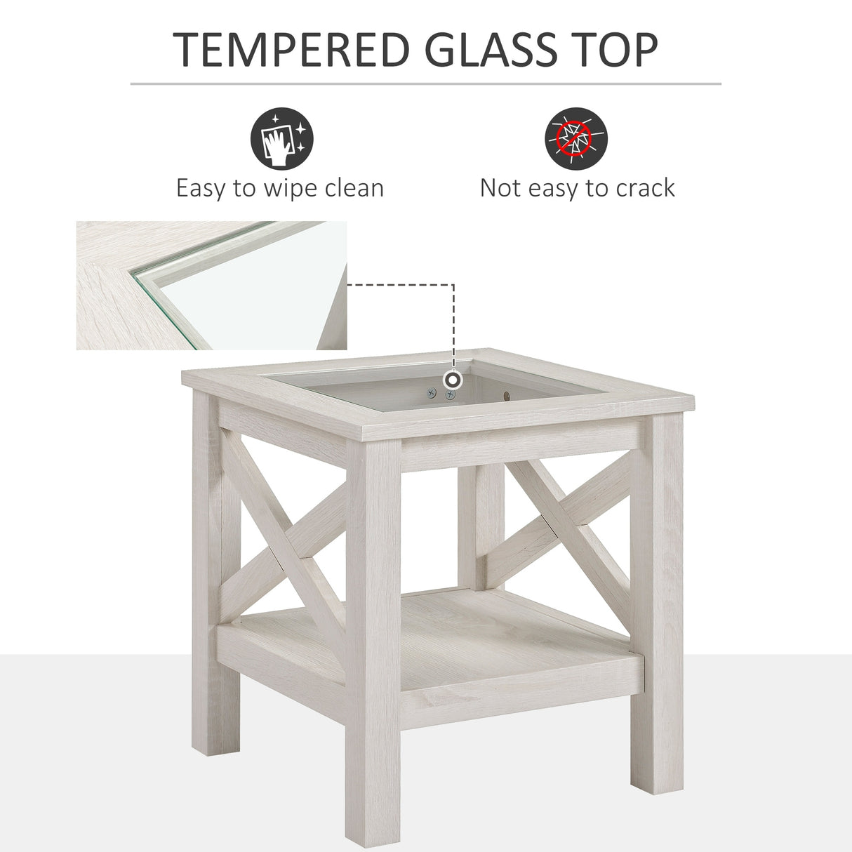 HOMCOM Traditional End Table with Wood Frame, Tempered Glass Tabletop and Underneath Storage Shelf, White Oak