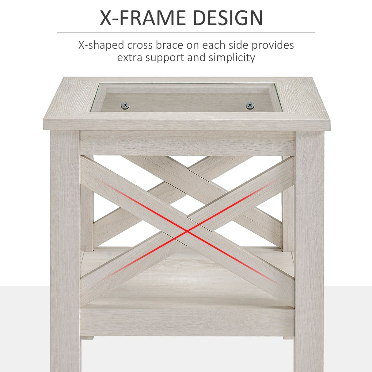 HOMCOM Traditional End Table with Wood Frame, Tempered Glass Tabletop and Underneath Storage Shelf, White Oak