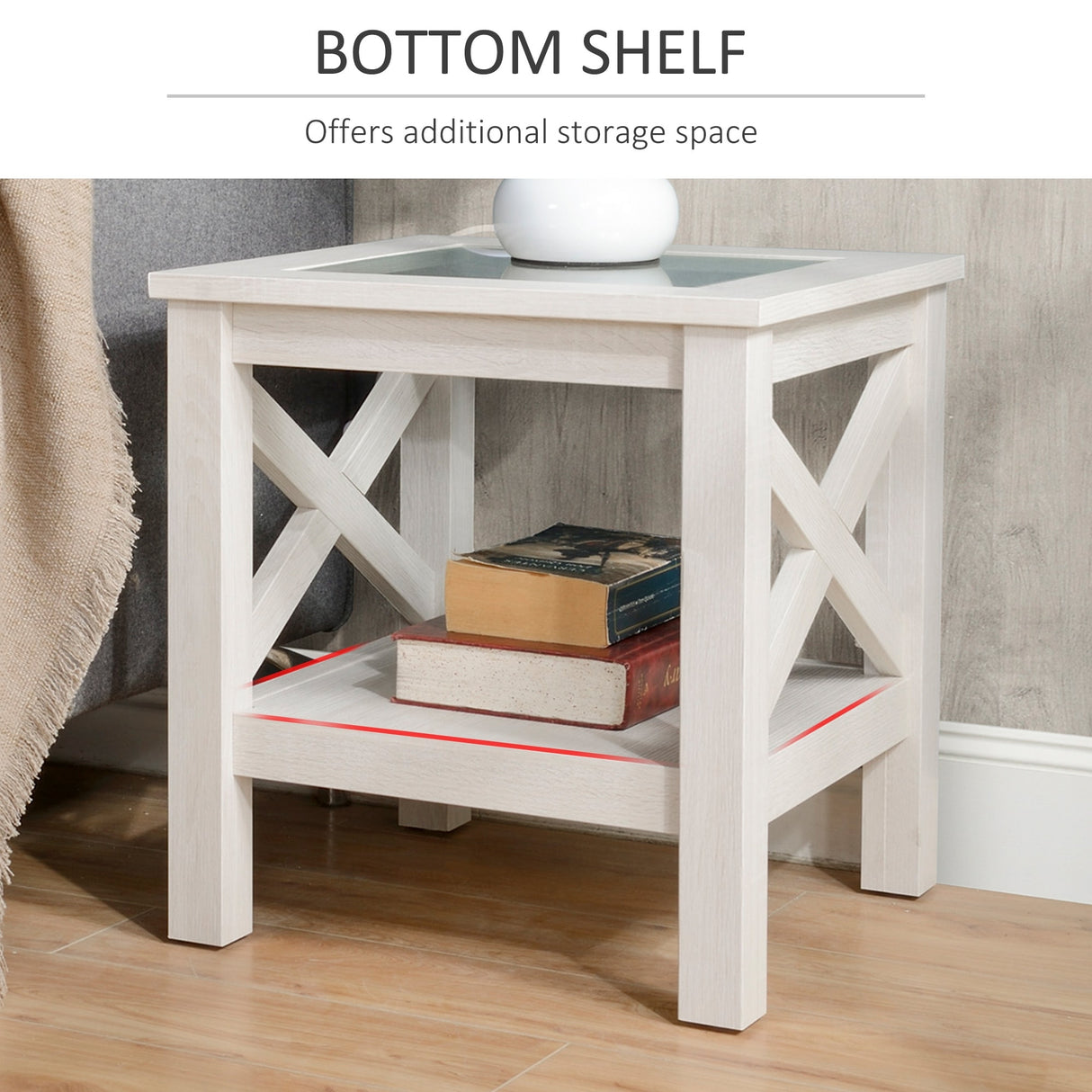 HOMCOM Traditional End Table with Wood Frame, Tempered Glass Tabletop and Underneath Storage Shelf, White Oak